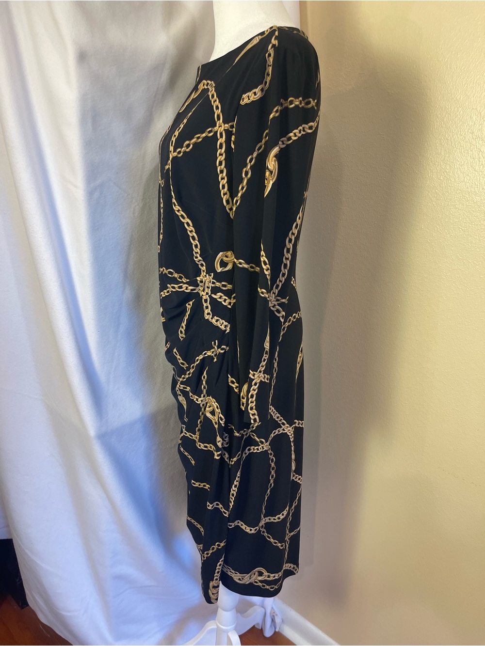 Lauren Ralph Lauren Black Gold Chain Print Faux Wrap Dress 14 Stretchy Ruched - Picture 8 of 16